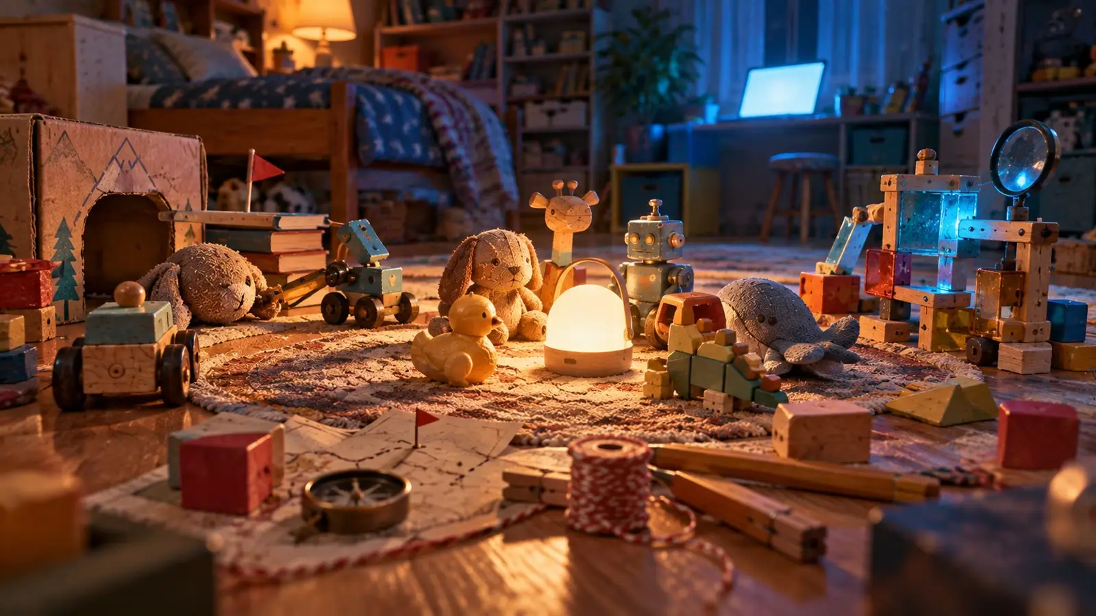 Obложка квиза sobre Toy Story 5 con juguetes, bloques y peluches reunidos en una habitación infantil iluminada entre tonos cálidos y azules