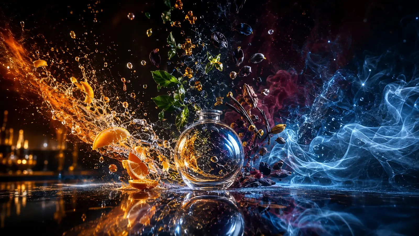 Portada del test de personalidad sobre aromas imaginarios, con un frasco de perfume entre cítricos, hierbas, salpicaduras doradas y humo azul