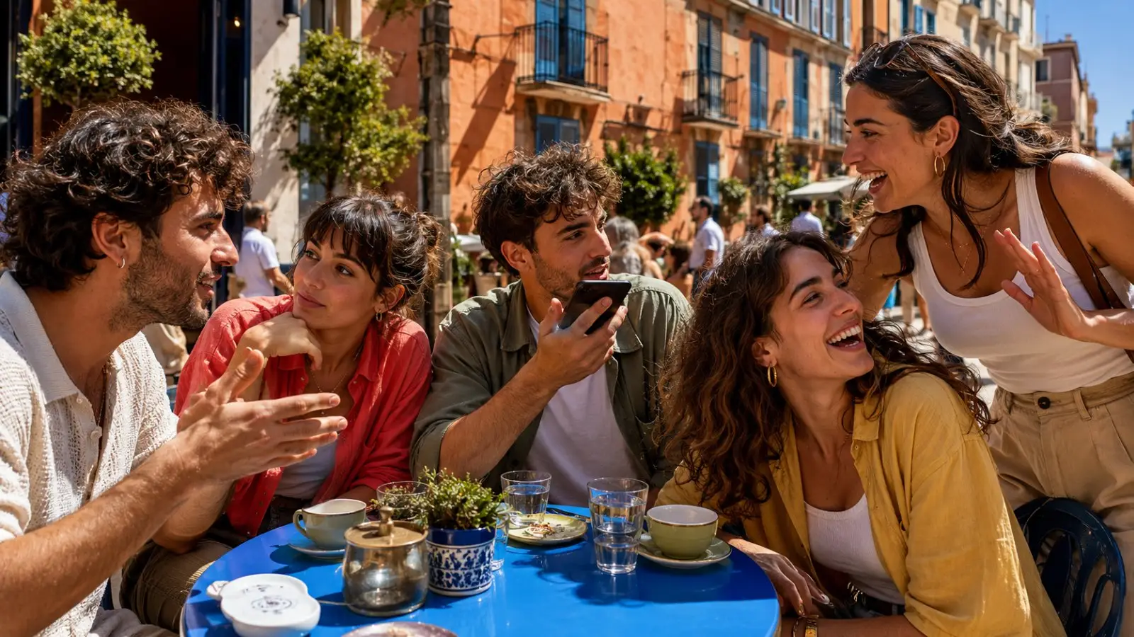 Portada del test sobre tradiciones españolas al conversar con un grupo de amigos charlando animadamente en una terraza de una calle colorida