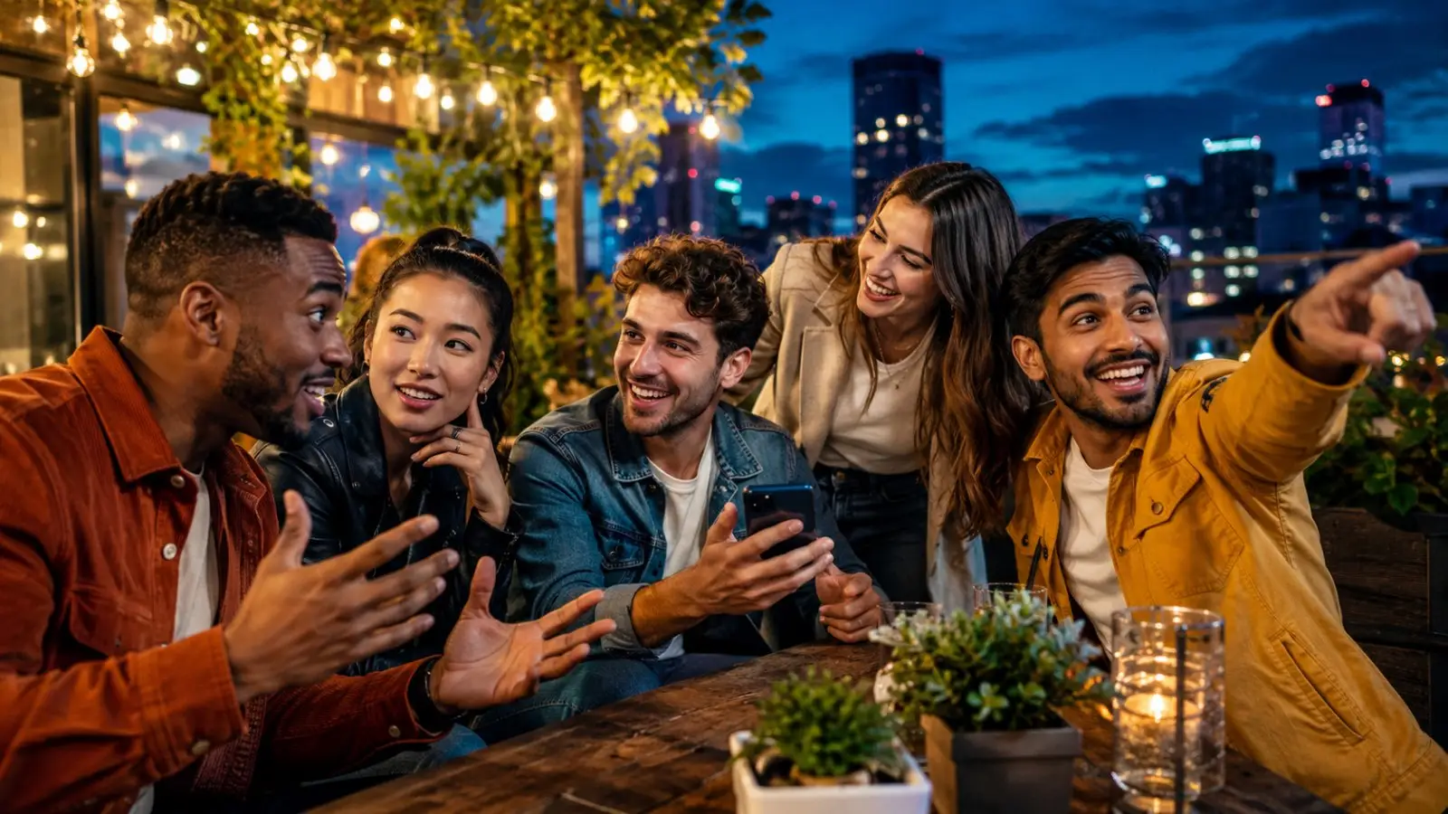 Portada del test de personalidad sobre tu papel en el grupo de amigos, con cinco jóvenes conversando y riendo en una terraza nocturna con la ciudad al fondo