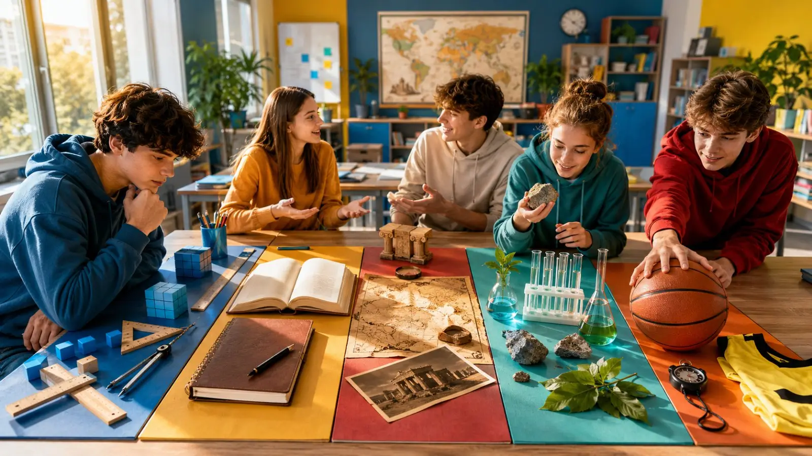 Portada del test «¿Qué asignatura escolar eres?» con cinco estudiantes rodeados de materiales de ciencias, arte, geografía y deporte en un aula colorida