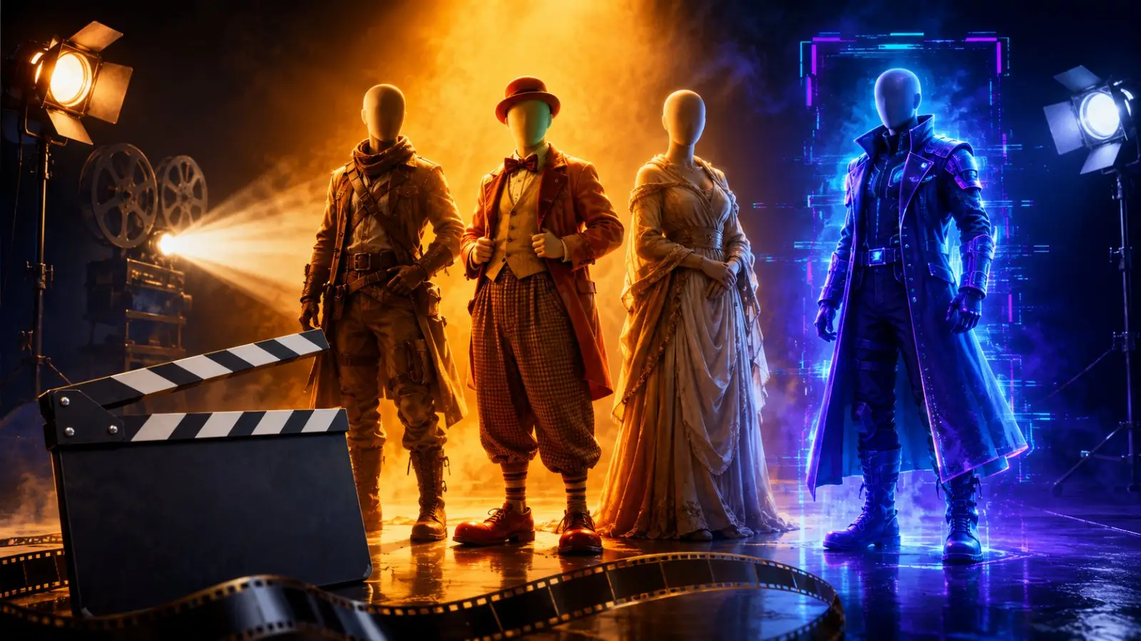 Portada del test de cine con cuatro figuras bajo focos, una claqueta y un proyector en un estudio de ambiente fantástico y misterioso
