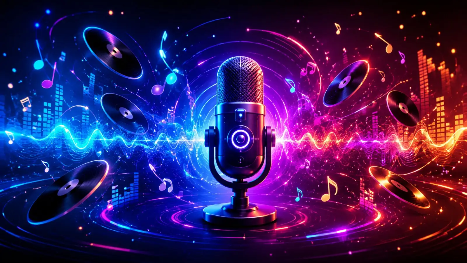 Portada del quiz de canciones famosas con un micrófono central, discos de vinilo, notas musicales y ondas de sonido en neón