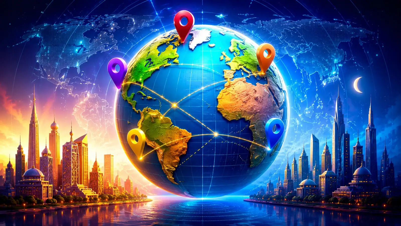 Portada del quiz de capitales del mundo con un globo terráqueo, marcadores de ubicación y ciudades iluminadas entre el día y la noche
