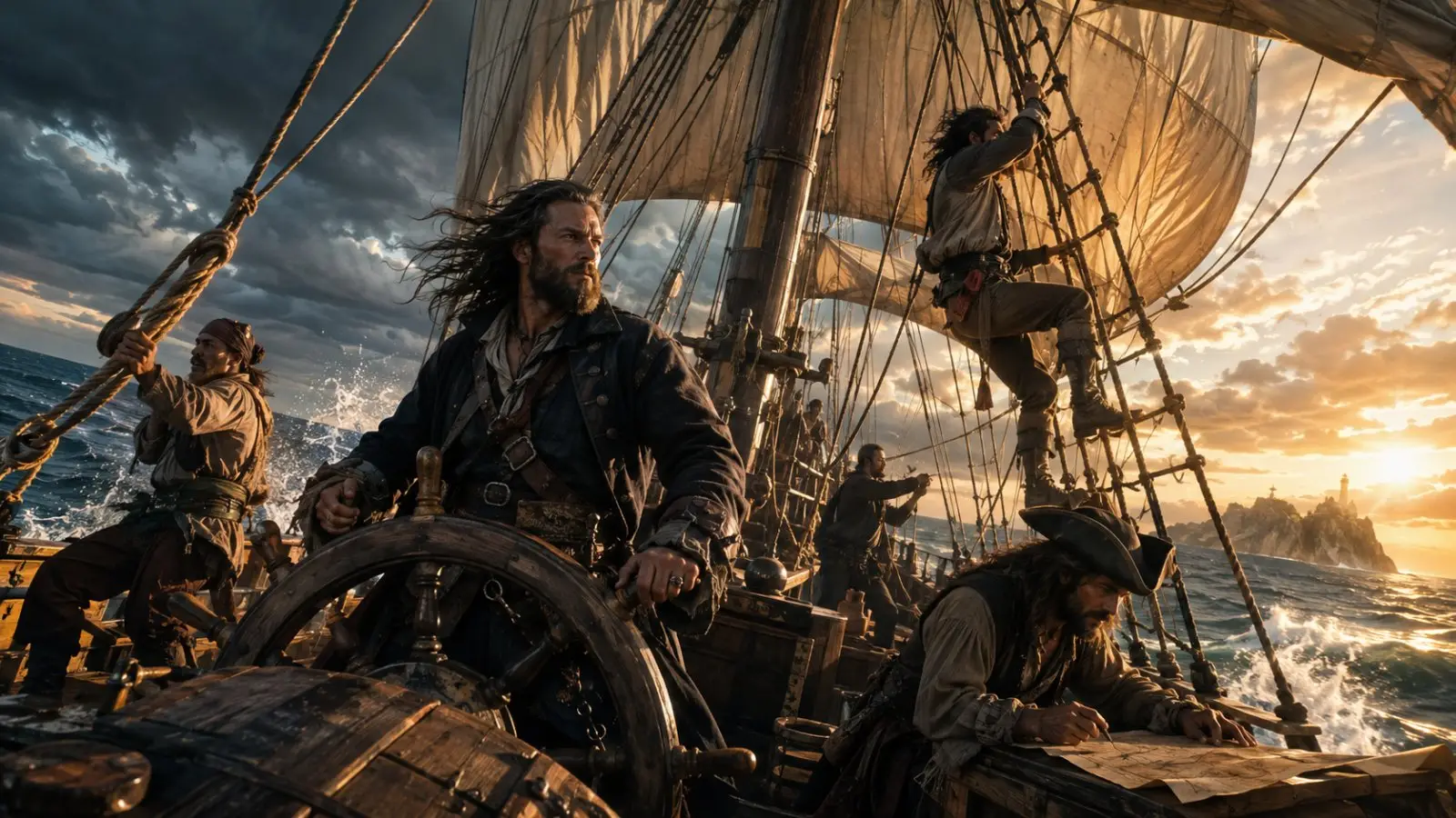 Portada del test de personalidad sobre una tripulación pirata con varios corsarios a bordo de un velero en plena travesía al atardecer