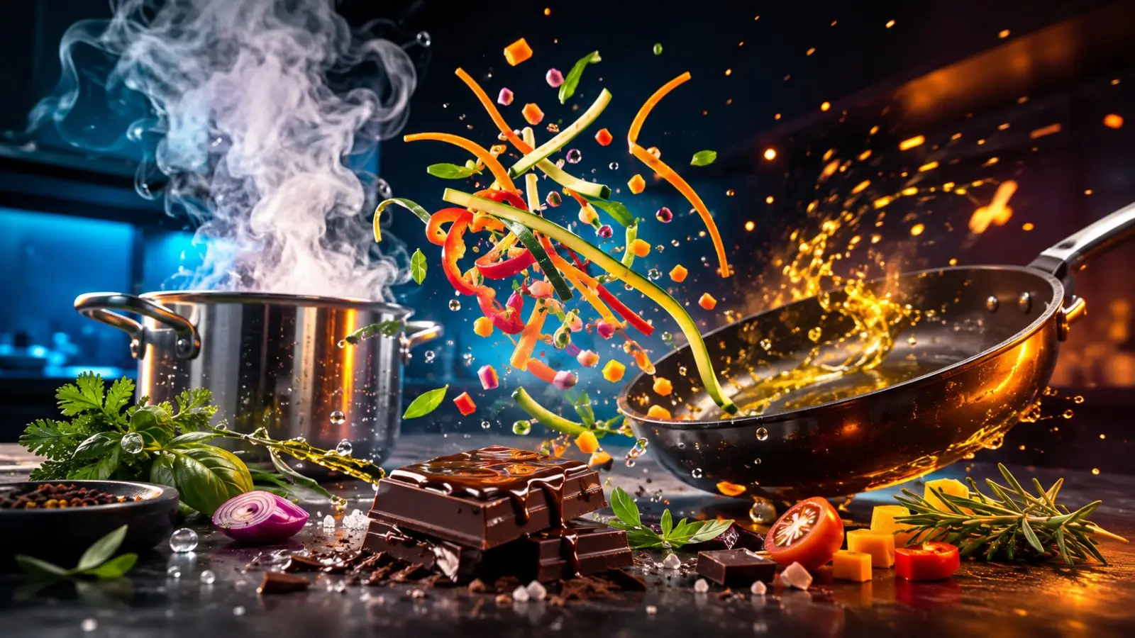 Portada del test de técnicas culinarias con ollas humeantes, verduras y especias en movimiento y una sartén con llamas durante la cocción