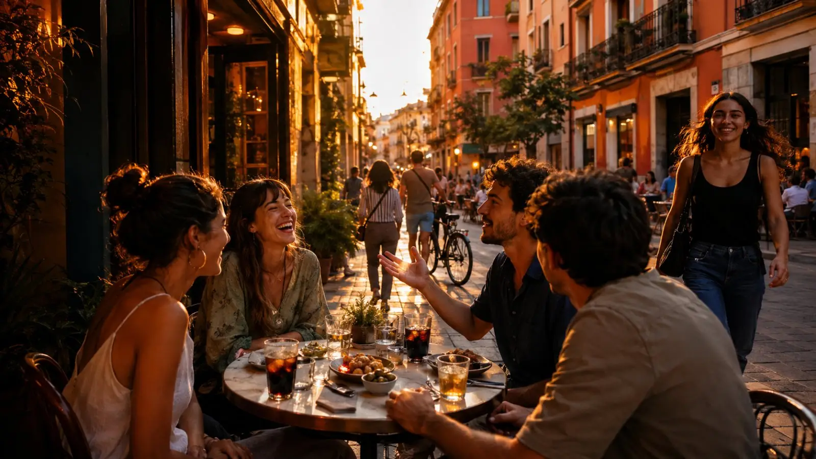 Portada de un test de personalidad con un grupo de amigos conversando y riendo en una terraza animada de una calle española al atardecer