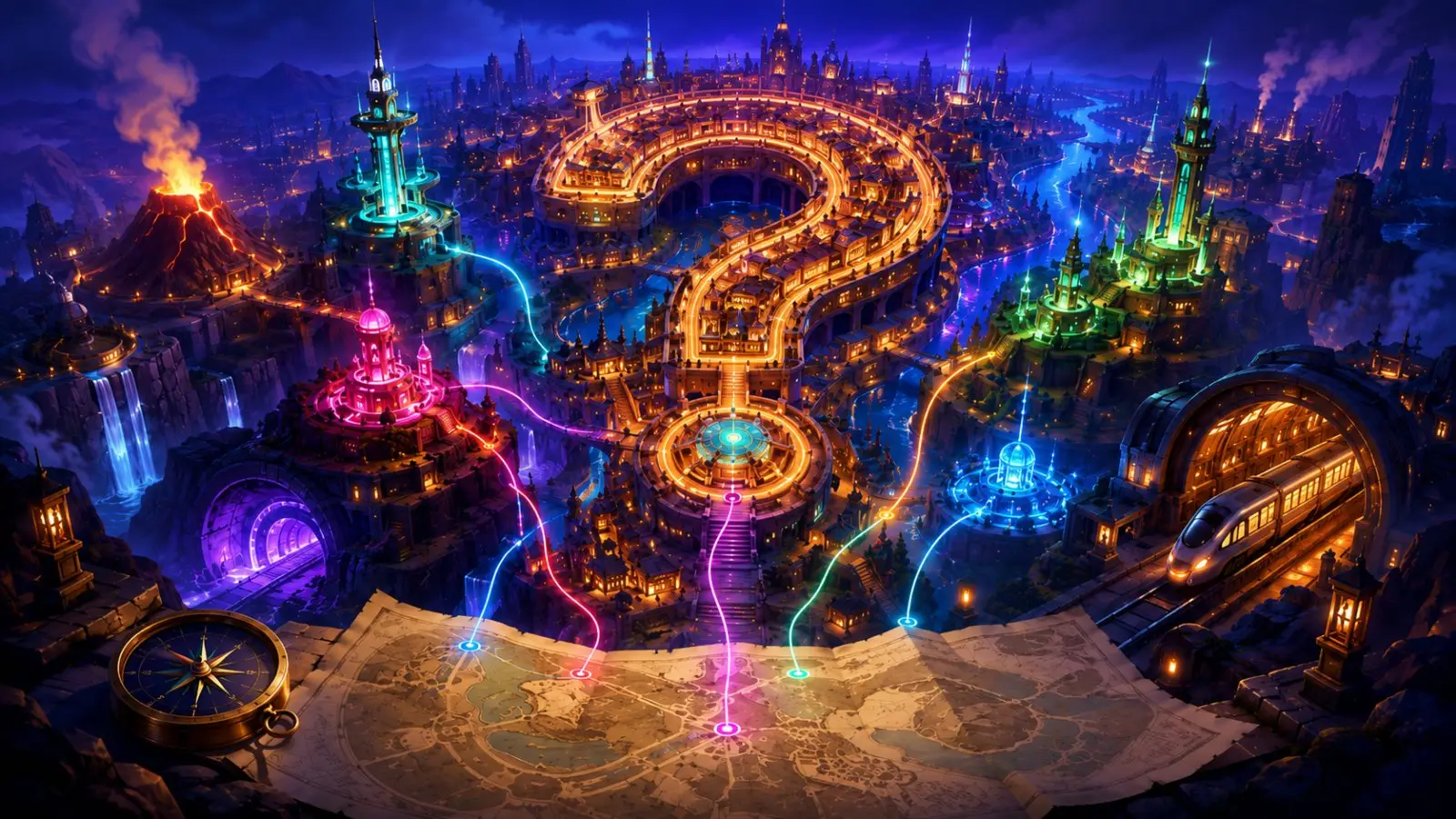 Portada del quiz de ciudades con una metrópolis fantástica nocturna, un gran signo de interrogación luminoso y rutas de colores sobre un mapa
