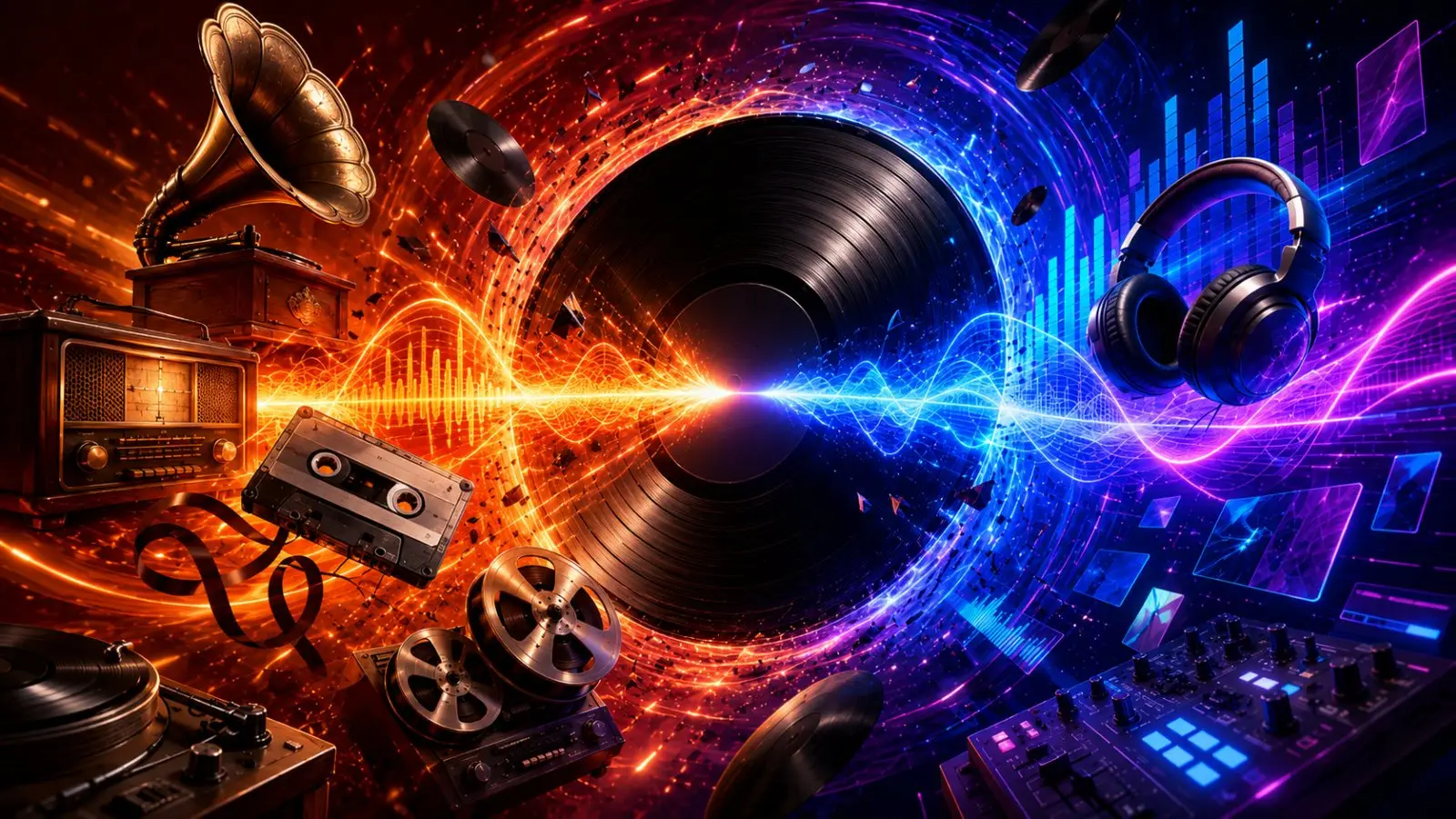 Portada del quiz musical «¿Qué canción salió primero?» con un vinilo entre equipos de sonido retro y digitales, ondas de colores y ambiente energético