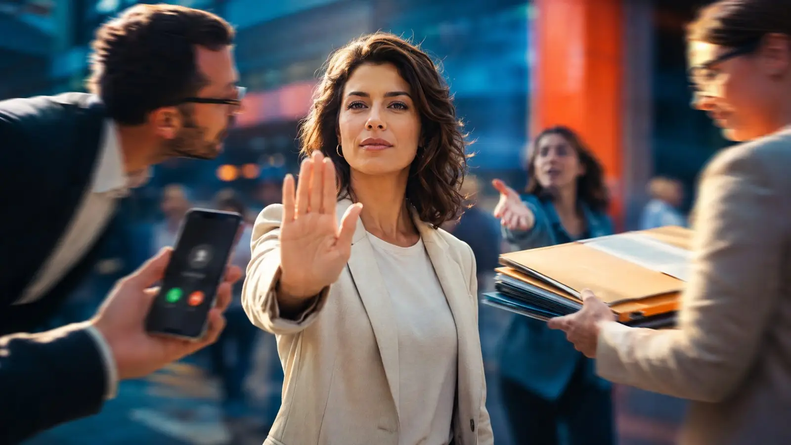 Portada del test de personalidad sobre límites personales con una mujer que alza la mano para detener interrupciones en un entorno laboral agitado