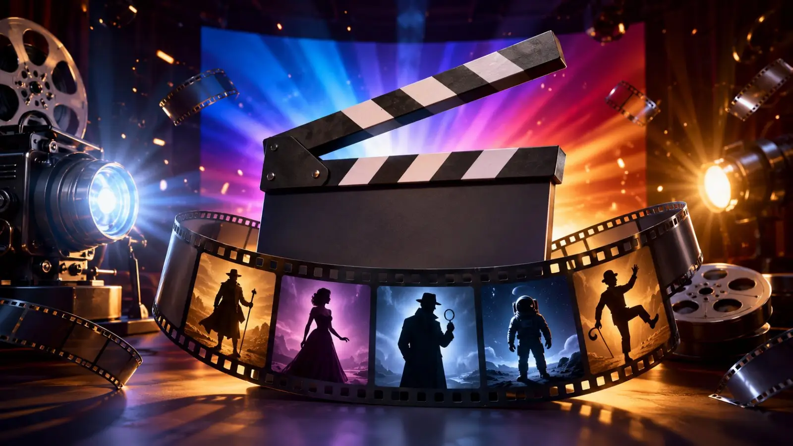 Portada del quiz de cine para adivinar la película por el protagonista, con claqueta, rollos de película y siluetas de personajes entre focos de colores