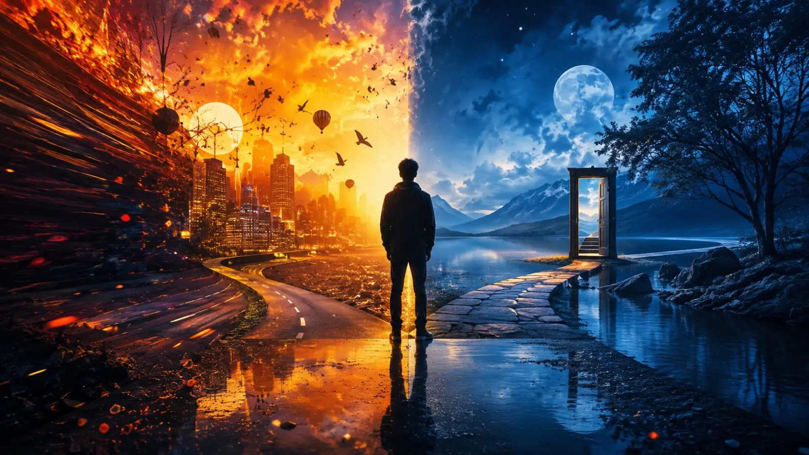 Portada del quiz «¿Qué paradoja de la vida se parece a ti?» con una silueta entre una ciudad en llamas y un lago nocturno bajo la luna