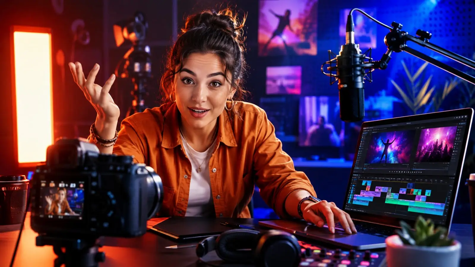 Portada del test de personalidad con una creadora digital frente a una cámara, un micrófono y un portátil con edición de vídeo en un estudio iluminado