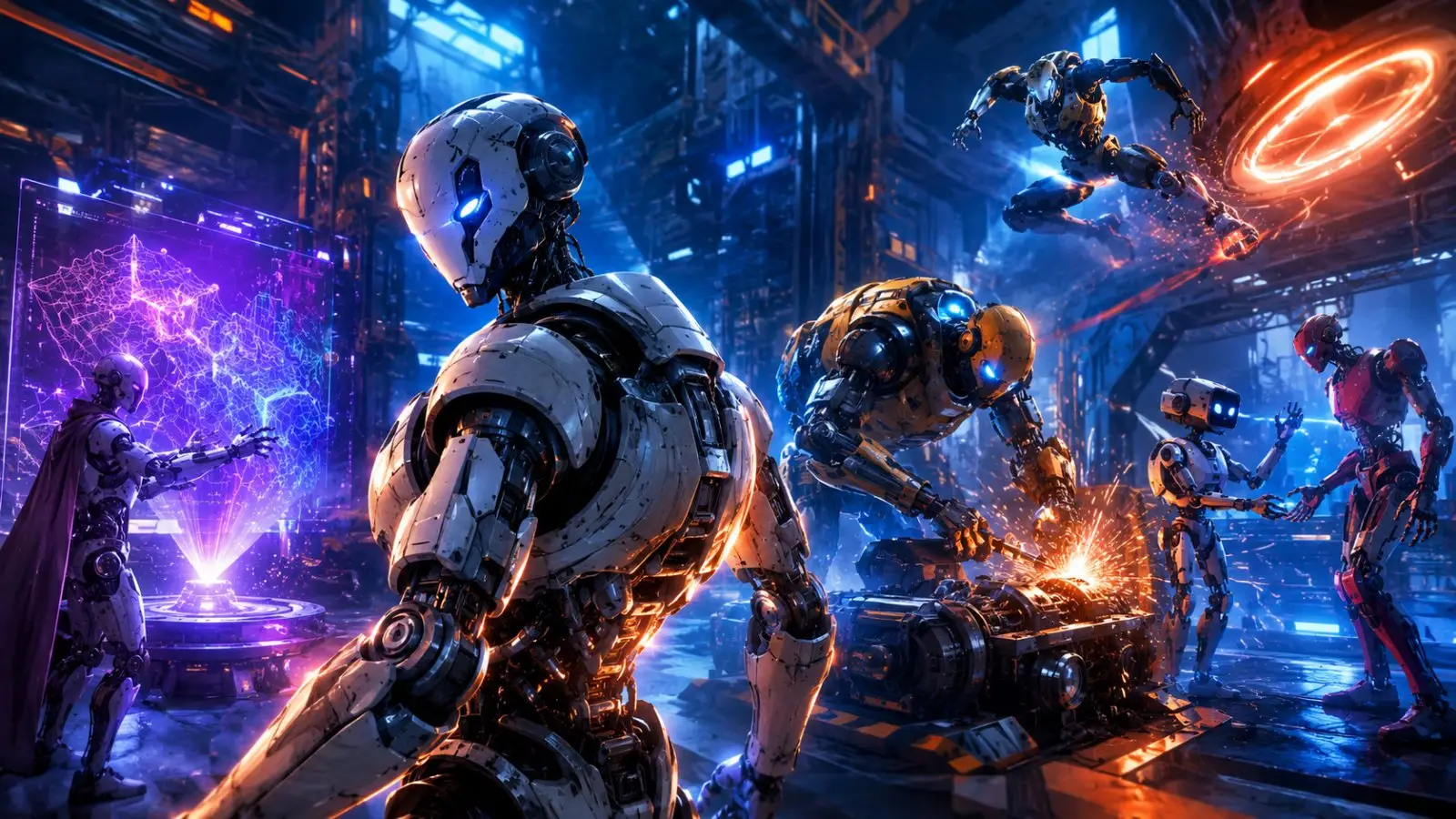 Portada del quiz «¿Qué tipo de robot eres?» con robots futuristas trabajando en un laboratorio tecnológico iluminado con luces de neón