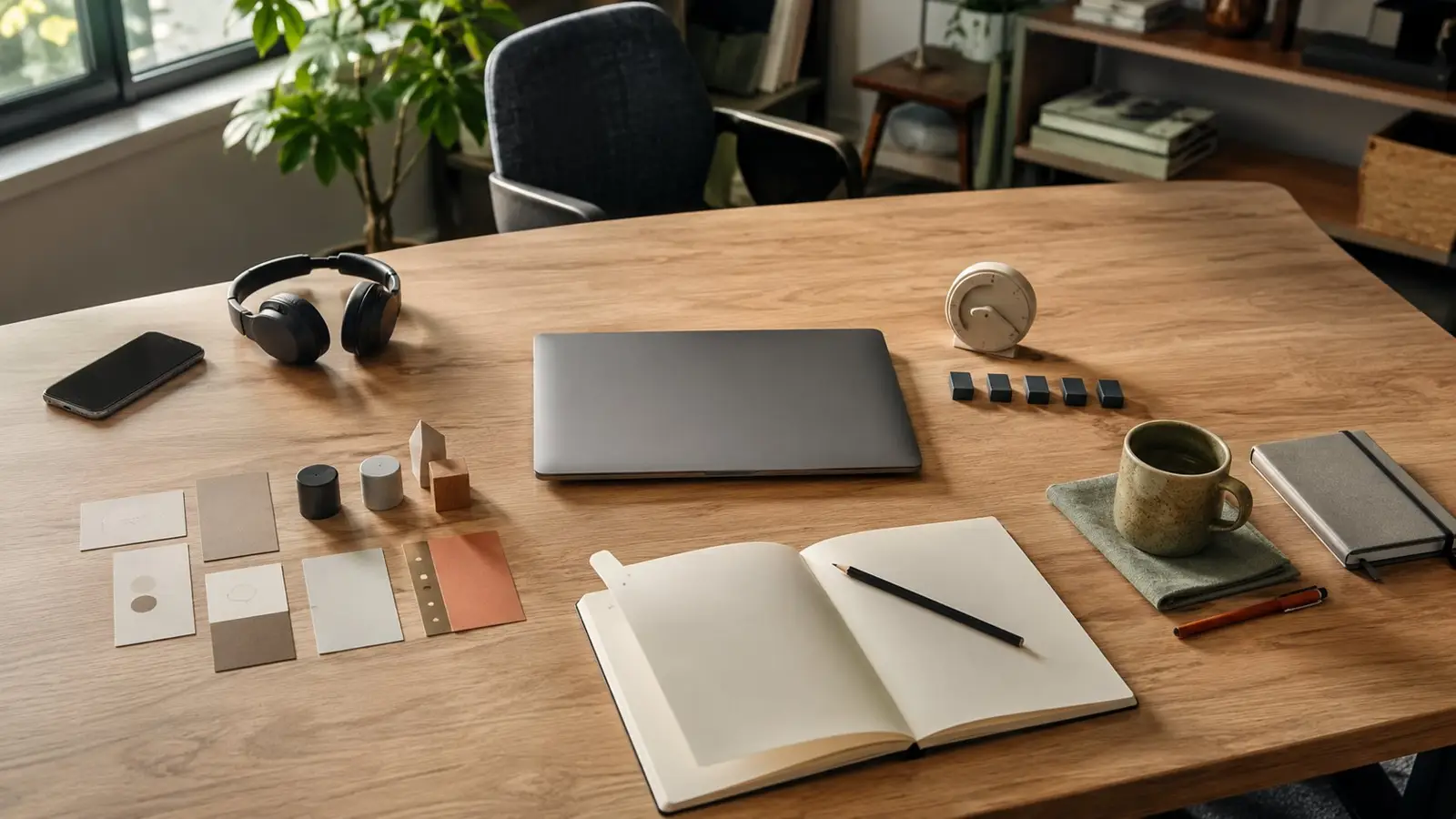 Escritorio preparado para entrar en modo locked in, con portátil, cuaderno abierto, auriculares, muestras de color y café en un ambiente de concentración