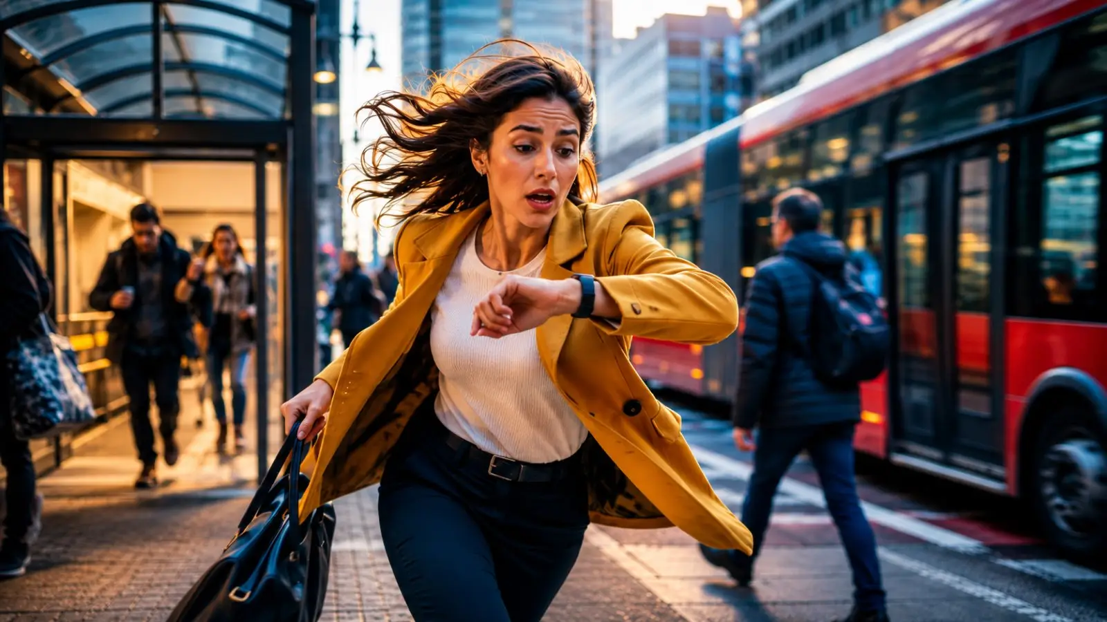 Portada del test de personalidad con una mujer corriendo por una calle concurrida mientras mira el reloj, con un autobús rojo al fondo