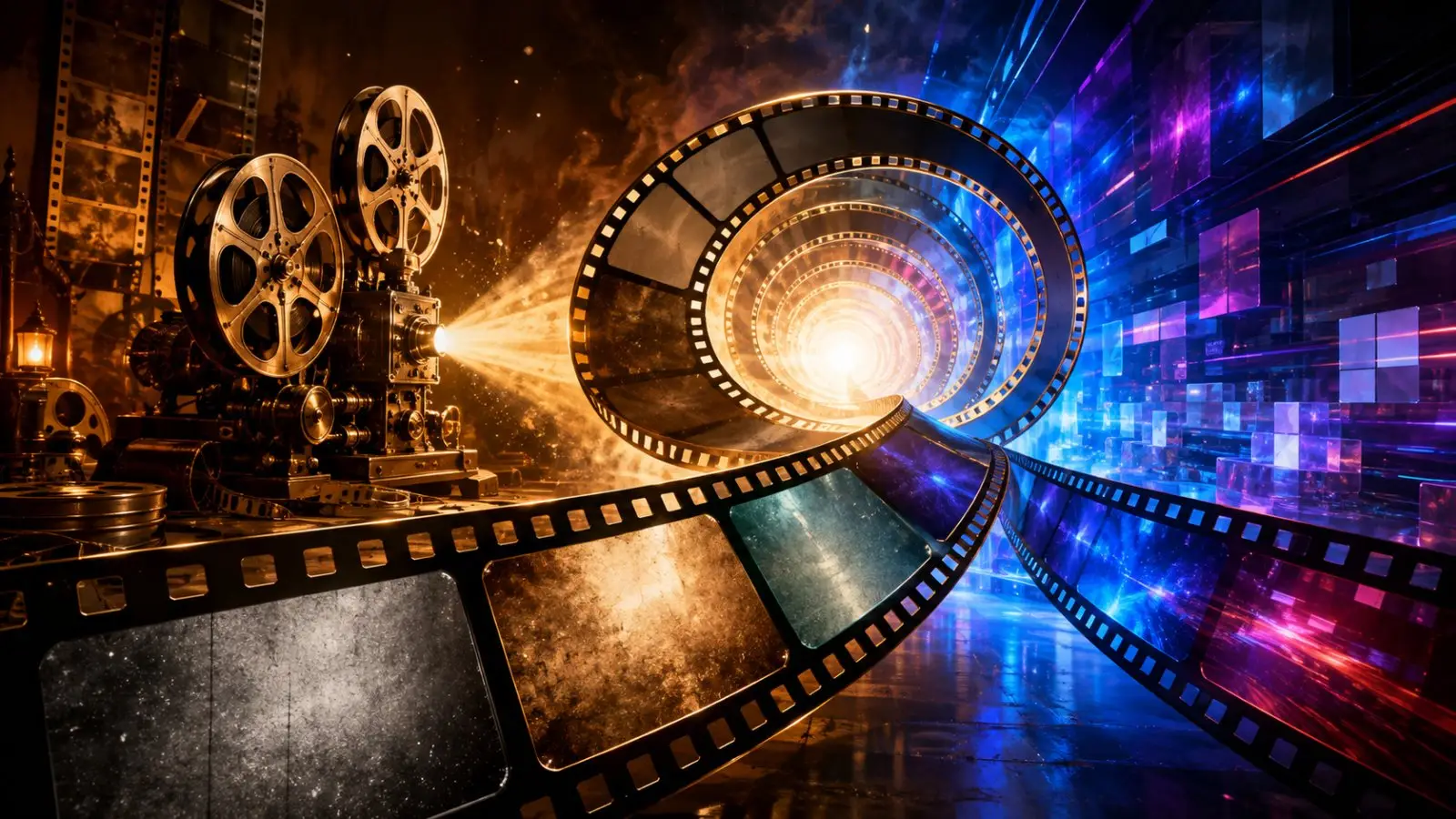 Portada del quiz de cine con rollos y tiras de película que convergen en un túnel luminoso entre tonos dorados y azules