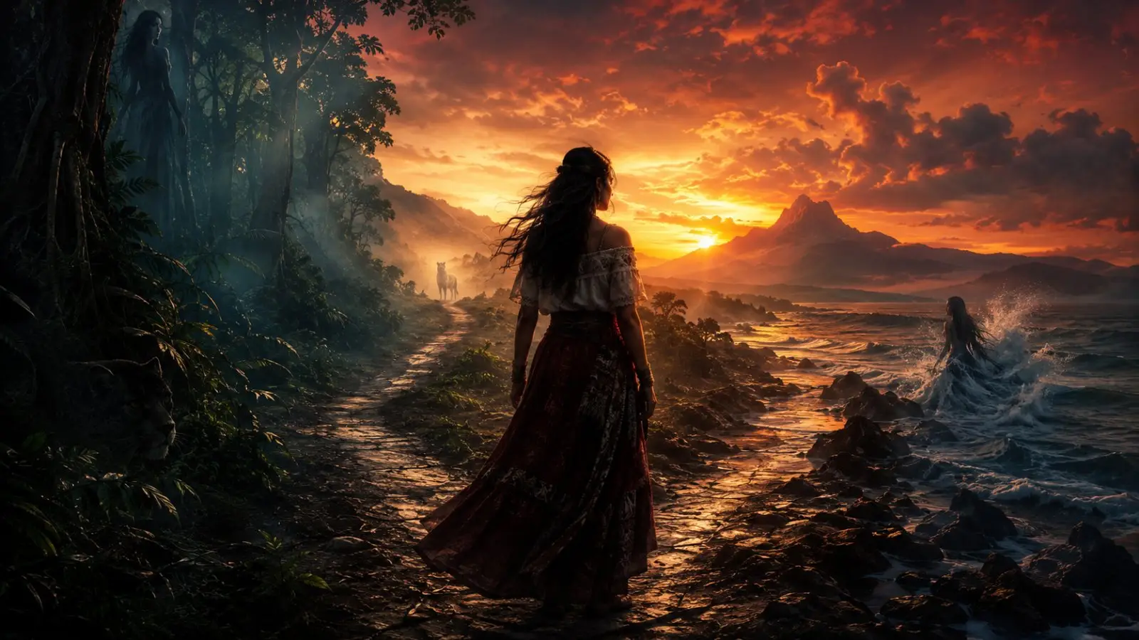 Portada del test sobre leyendas del mundo hispanohablante con una mujer en un sendero costero al atardecer, entre bosque, mar y montañas