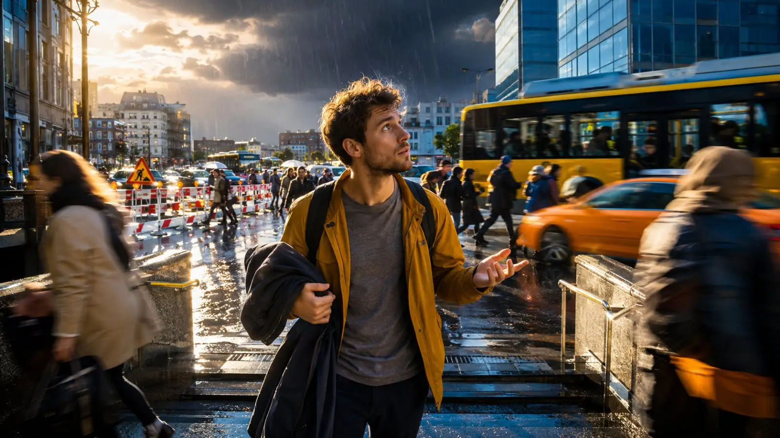 Portada del quiz sobre cómo reaccionas ante cambios inesperados, con un joven sorprendido en una calle lluviosa y concurrida de la ciudad
