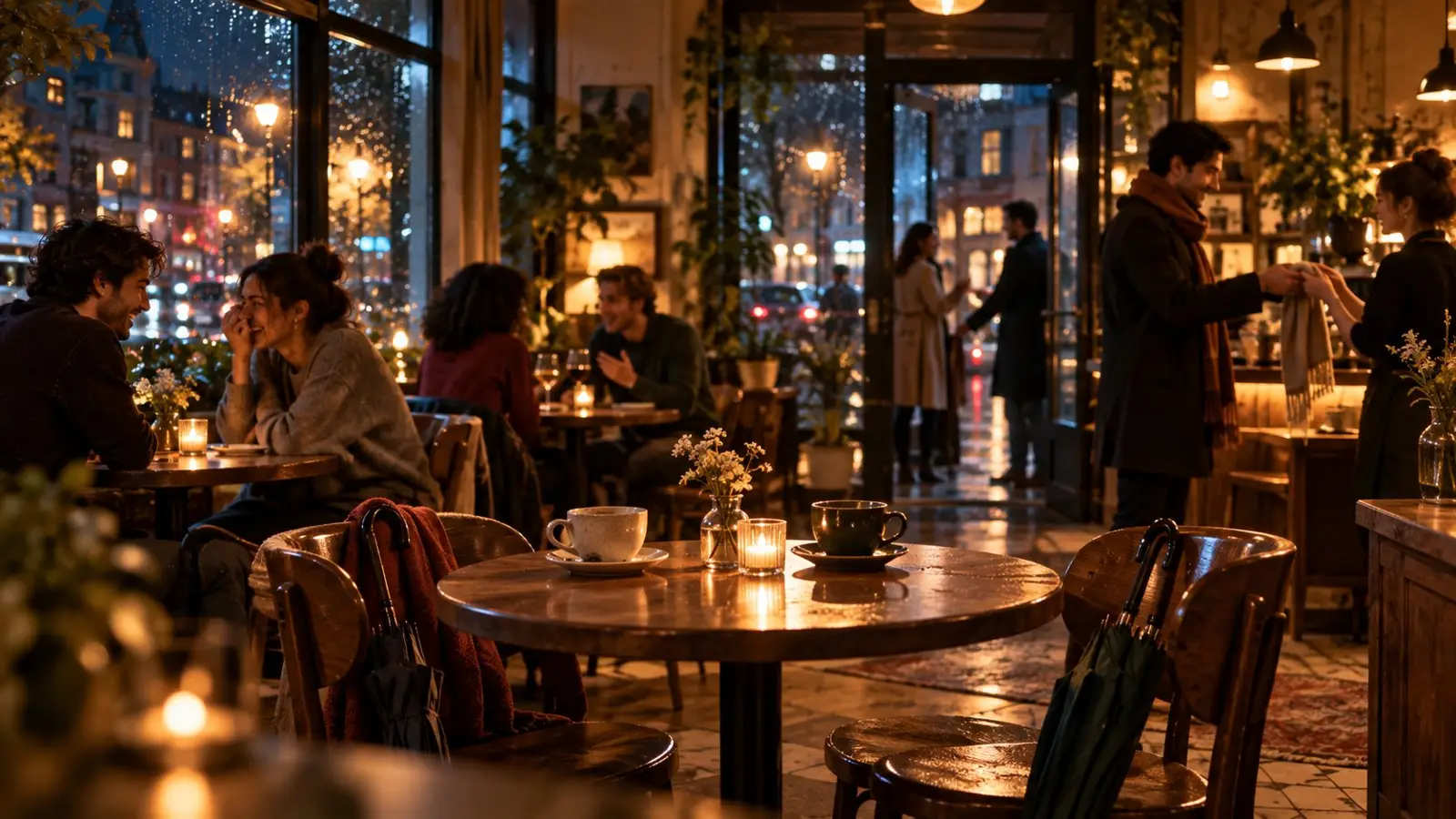 Portada del test sobre Amores Inesperados con varias parejas en un café acogedor de noche y una mesa para dos en primer plano