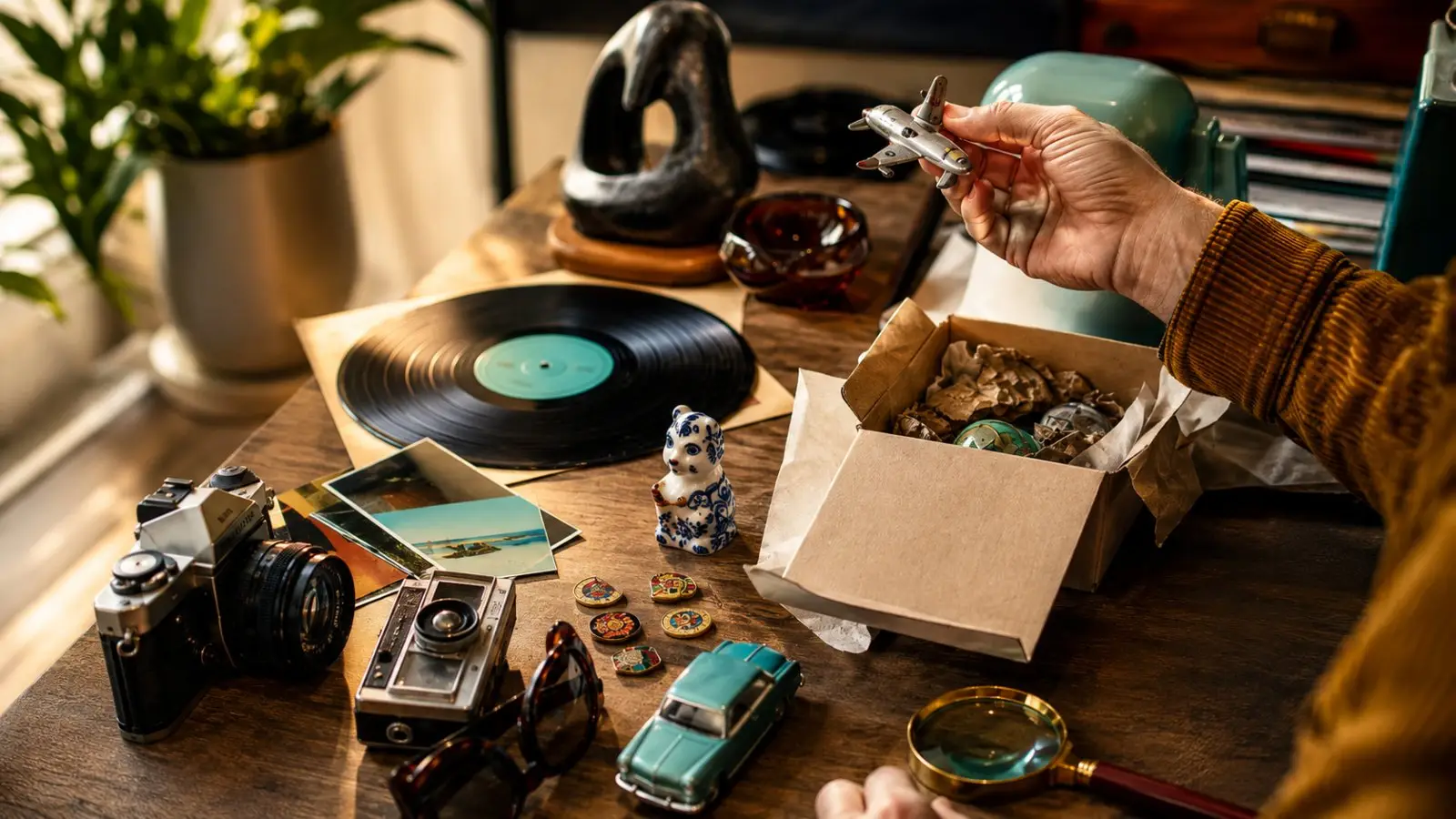 Portada del test sobre tipos de coleccionista con discos de vinilo, cámaras antiguas, monedas, figuritas y un coche en miniatura sobre una mesa