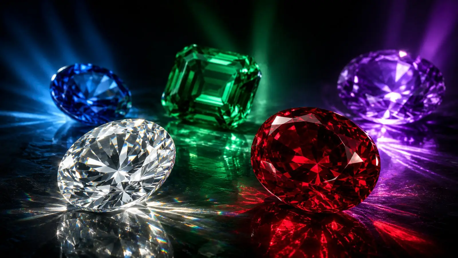 Portada del quiz «¿Qué piedra preciosa refleja tu personalidad?» con gemas de varios colores brillando sobre un fondo oscuro
