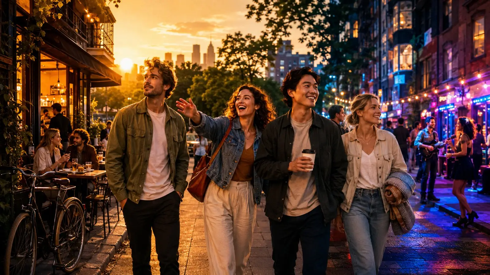 Portada del test de personalidad «¿Qué día del fin de semana eres?» con cuatro amigos paseando entre terrazas al atardecer y luces de fiesta nocturna