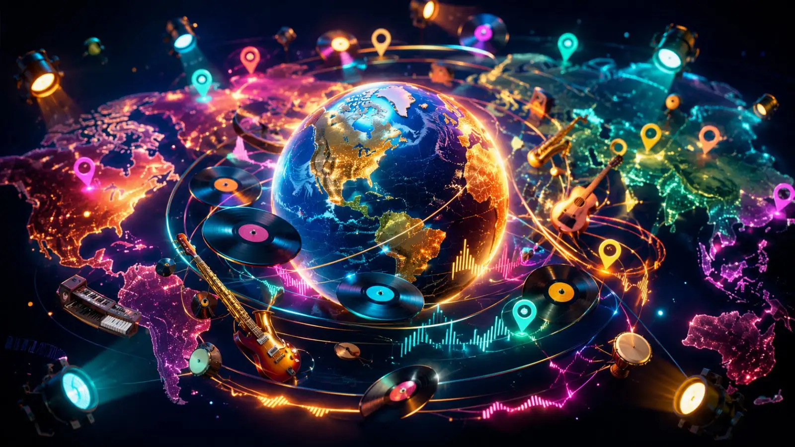 Portada del quiz sobre el origen de los géneros musicales con un globo terráqueo, discos de vinilo, instrumentos y marcadores de países en un mapa luminoso