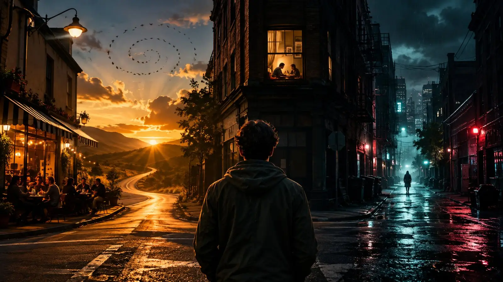 Portada del test de personalidad sobre la historia de tu vida, con una persona ante dos caminos: uno cálido al atardecer y otro urbano, oscuro y lluvioso