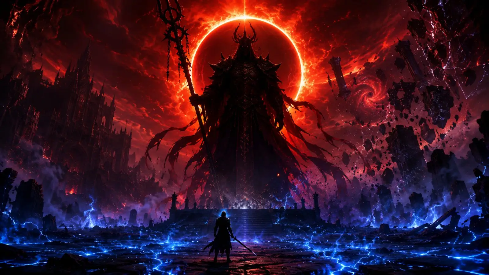 Portada del test de personalidad sobre jefes finales, con un coloso oscuro ante un eclipse rojo y un guerrero solitario en un paisaje de fantasía apocalíptica