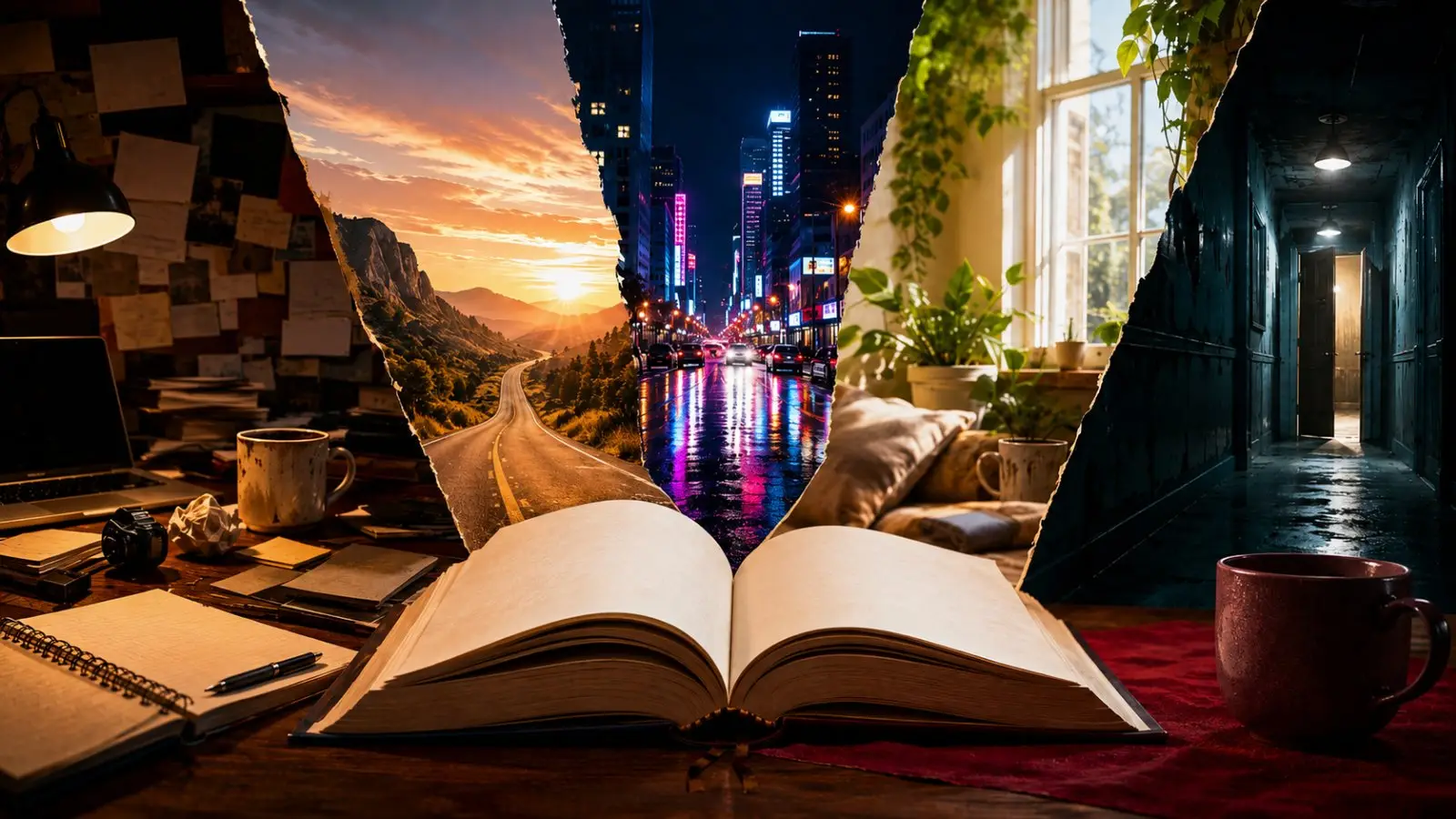 Portada de un test de personalidad con un libro abierto rodeado de escenas de carretera, ciudad nocturna, hogar luminoso y pasillo oscuro