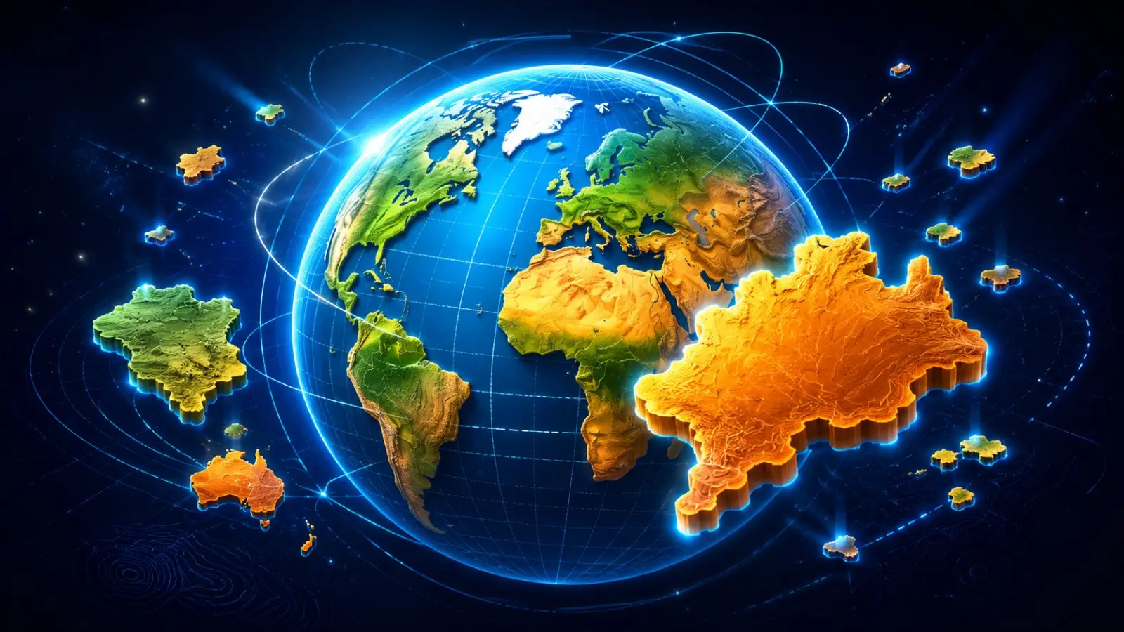 Portada del quiz de geografía para adivinar la superficie de 15 países, con un globo terráqueo y mapas de colores unidos por rutas luminosas