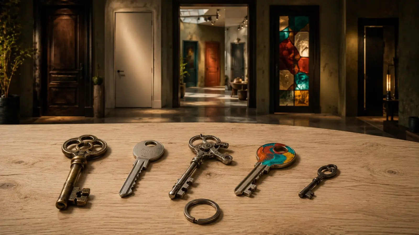 Obra del quiz sobre personalidad con cinco llaves de estilos distintos sobre una mesa y varias puertas al fondo, como símbolos de diferentes formas de ser