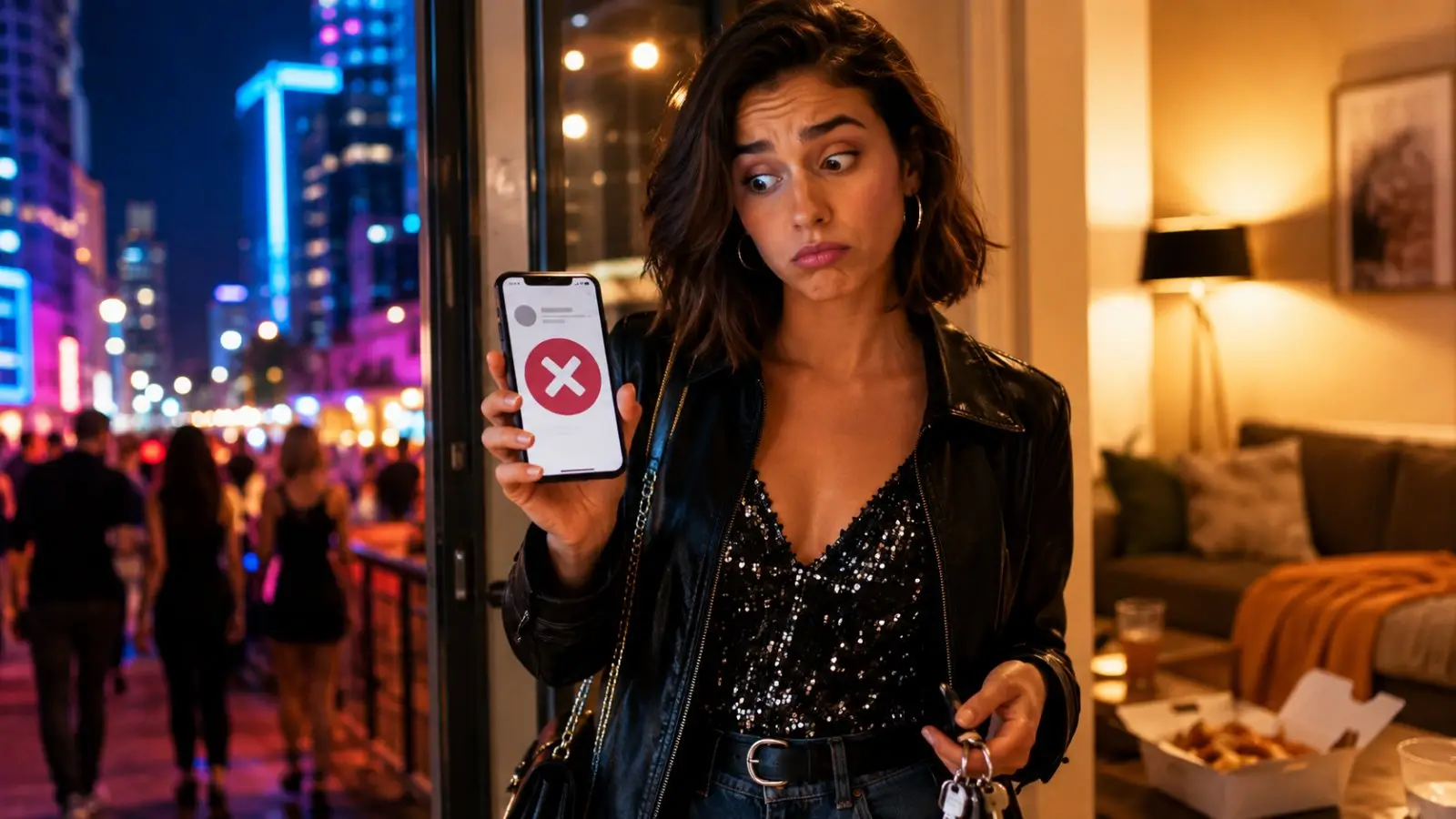 Portada del test de personalidad con una mujer decepcionada mostrando en su móvil la cancelación de unos planes, frente a una ciudad nocturna