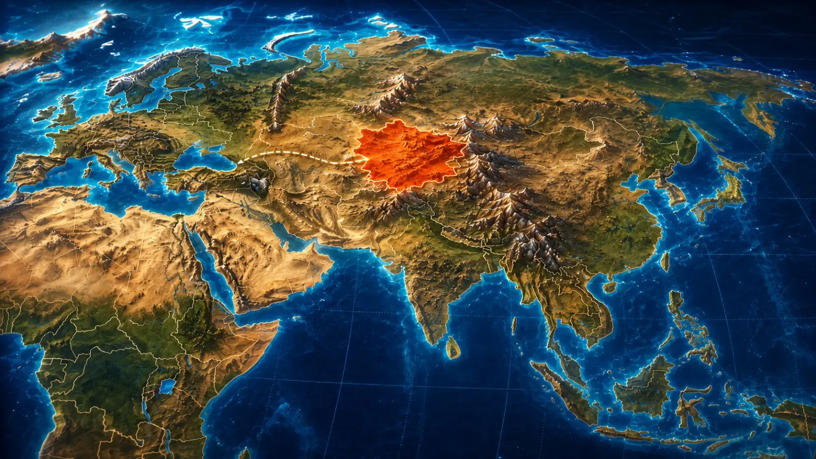 Portada del quiz de geografía sobre países sin salida al mar, con un mapa de Eurasia y un país de Asia Central resaltado en naranja