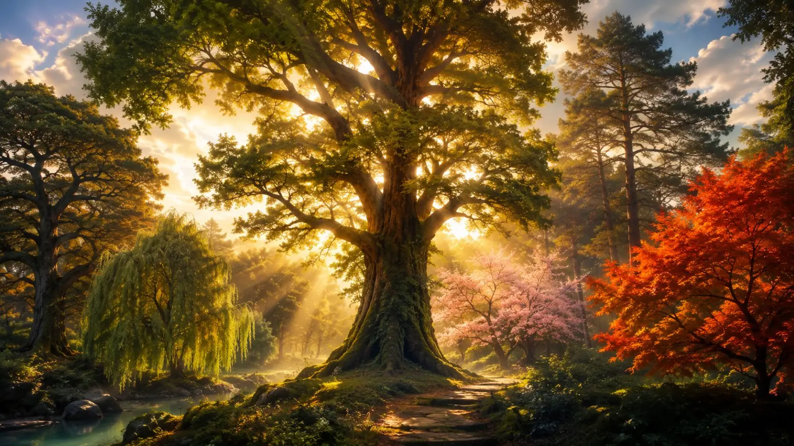 Portada del quiz sobre qué árbol representa tu personalidad, con un gran árbol iluminado por el sol en un bosque de colores otoñales