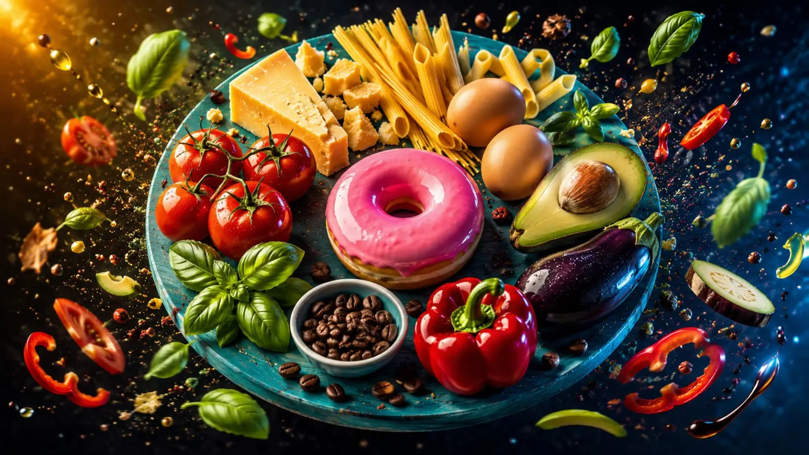Portada del quiz «¿Qué ingrediente sobra?» con pasta, verduras, queso, huevos y un dónut entre ingredientes que flotan sobre un fondo oscuro