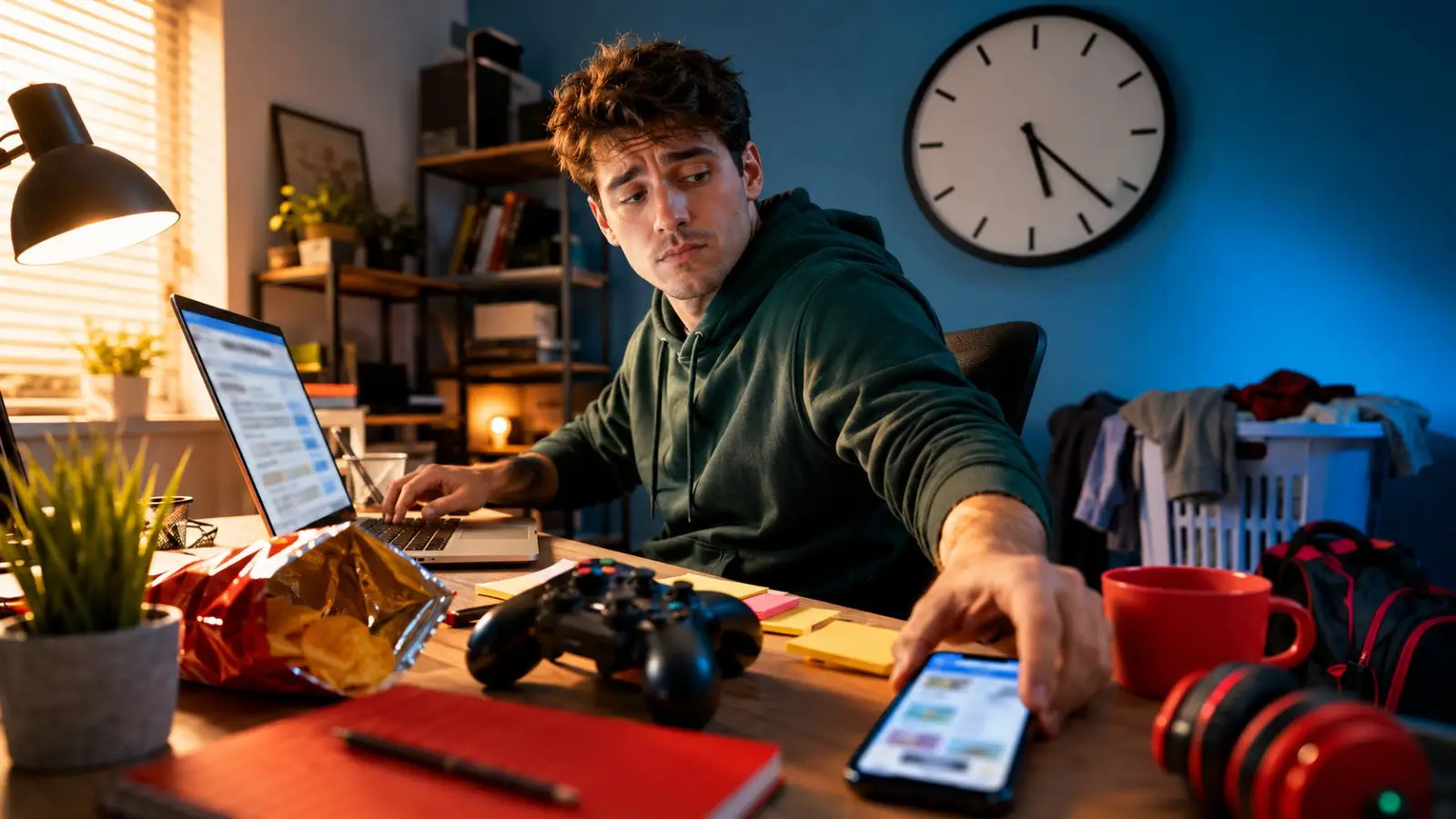 Portada del test de personalidad sobre la procrastinación, con un joven abrumado ante un escritorio lleno de tareas, móvil, consola y distracciones