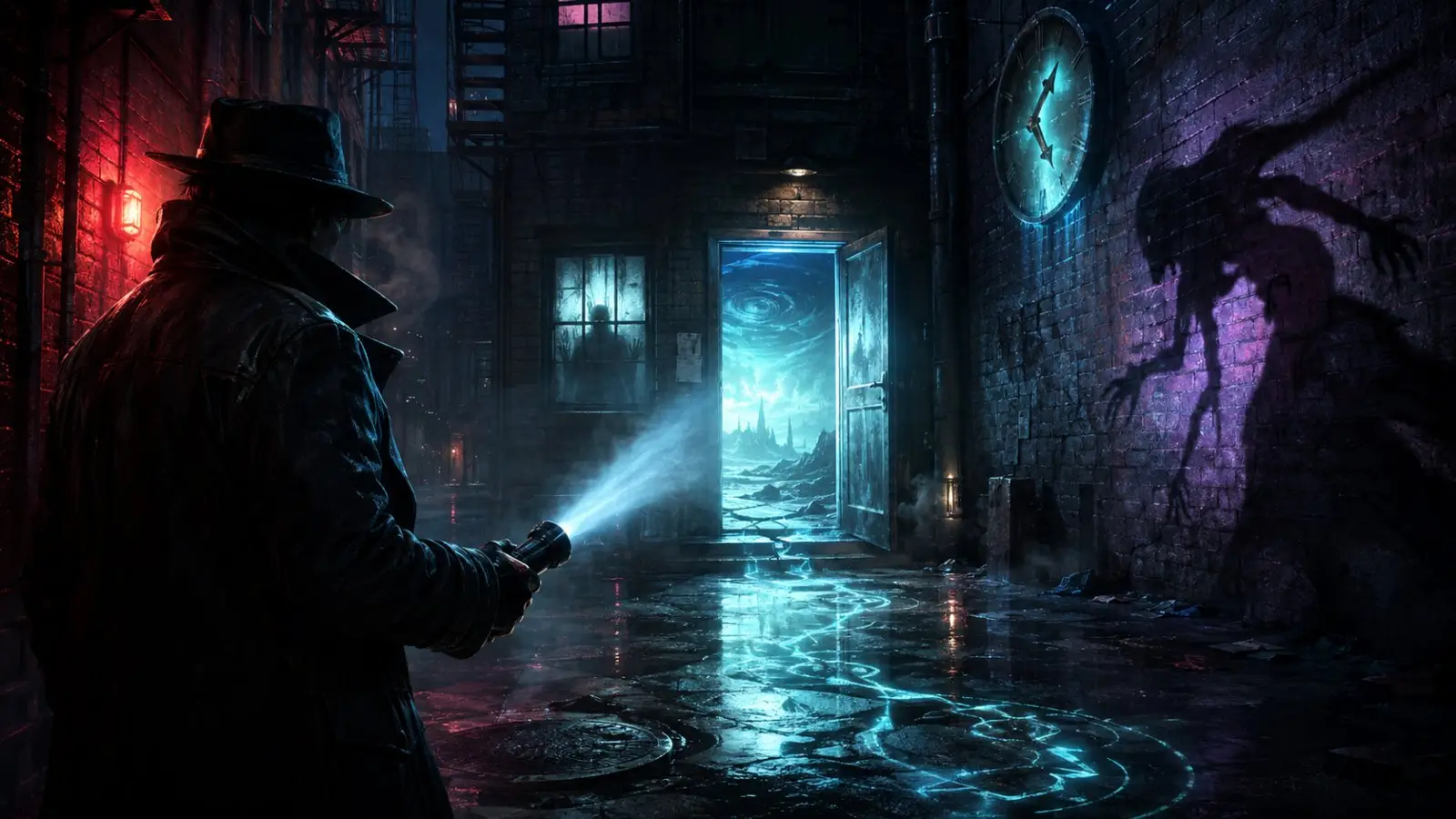 Portada del test de personalidad sobre detectives sobrenaturales, con un investigador de gabardina iluminando un callejón oscuro lleno de símbolos mágicos