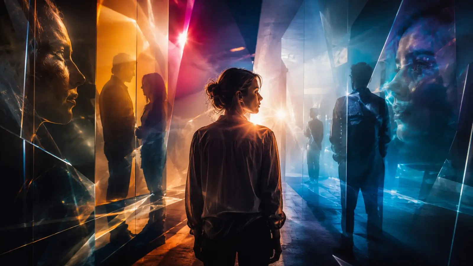 Portada del quiz «¿Qué tipo de confianza tienes?» con una mujer entre reflejos y siluetas, rodeada de luces cálidas y frías