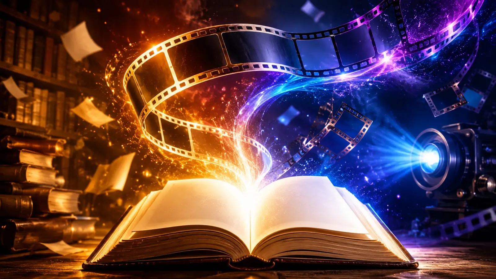 Portada del test sobre películas basadas en libros, con un libro abierto del que surgen tiras de película entre destellos de luz cálida y azul