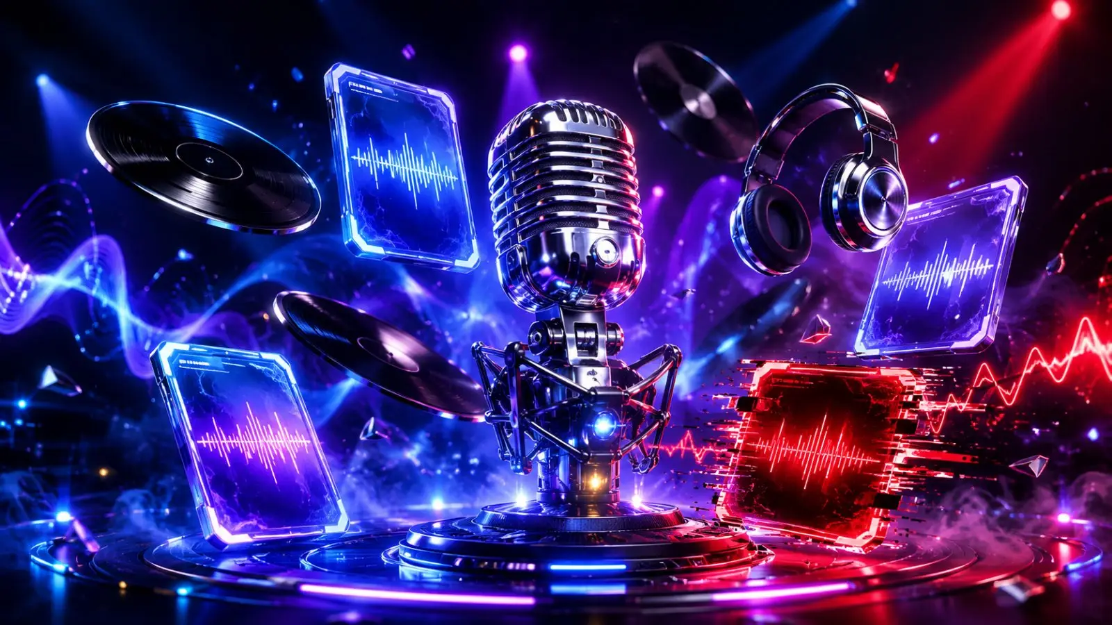 Portada del quiz de música con un micrófono retro, discos de vinilo, auriculares y ondas de sonido entre luces de neón azules y rojas