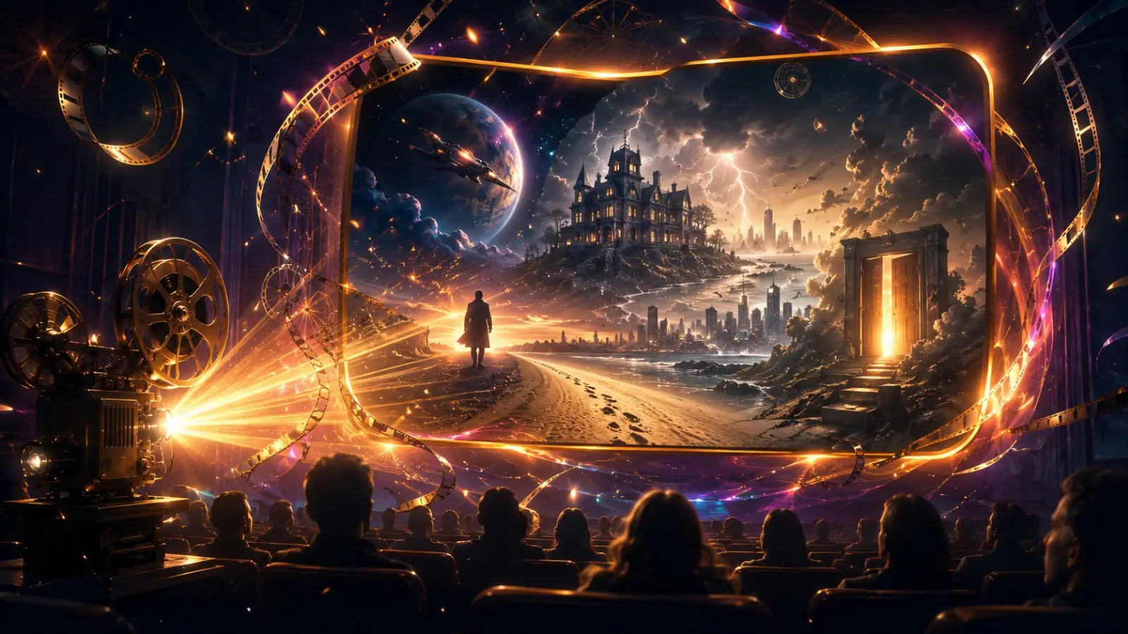 Portada del quiz de cine para adivinar 15 películas, con una pantalla de mundo fantástico, público en la sala, rollos de película y destellos dorados