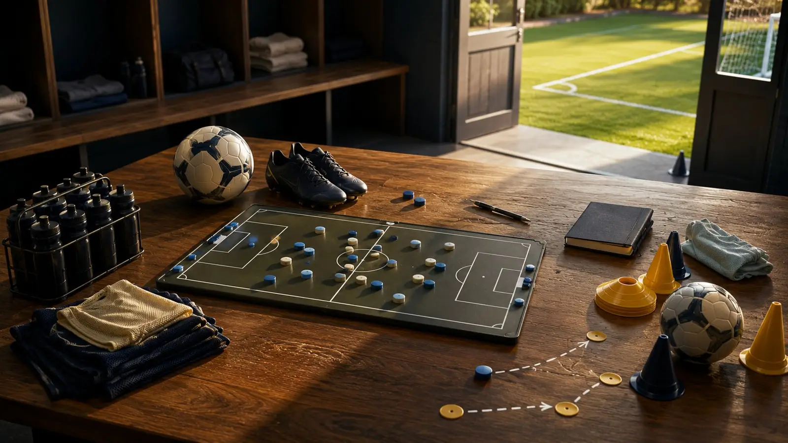 Obra de portada del quiz sobre el mundo de Ted Lasso con mesa táctica de fútbol, botas y balones en un vestuario junto al campo
