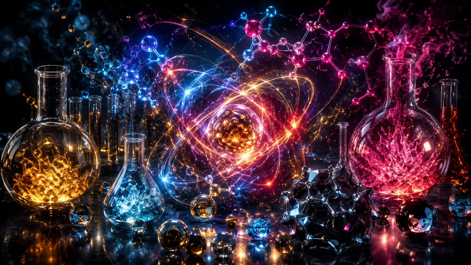 Portada del test de personalidad sobre elementos químicos con matraces de líquidos brillantes y estructuras atómicas de colores sobre fondo oscuro