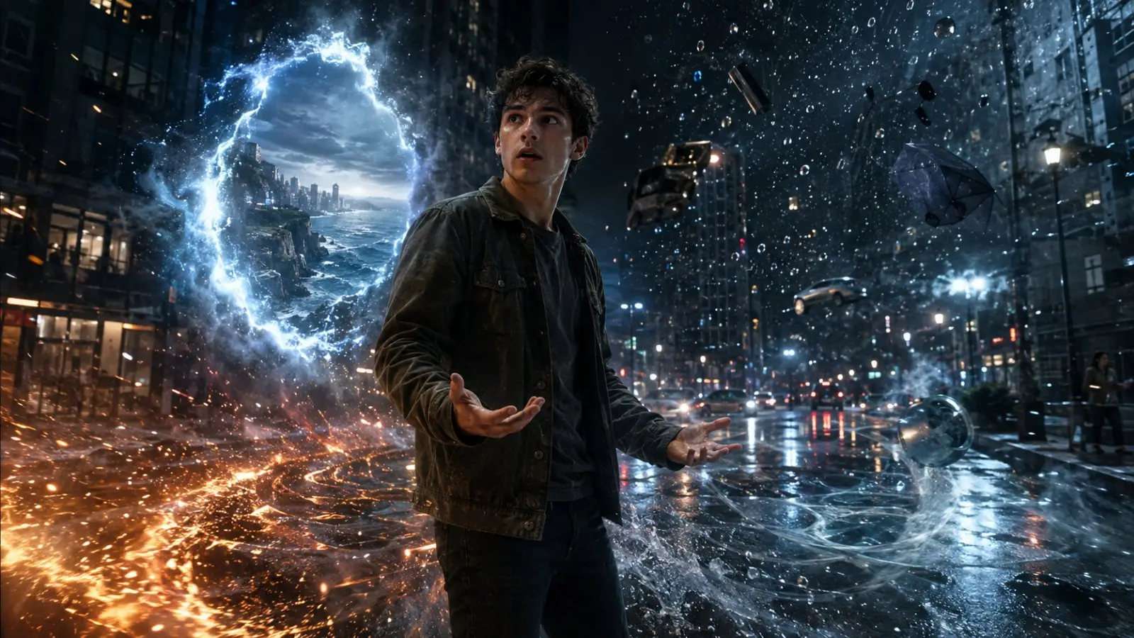 Portada del test de personalidad sobre superpoderes con un joven en una ciudad nocturna, rodeado de energía, hielo y un portal luminoso