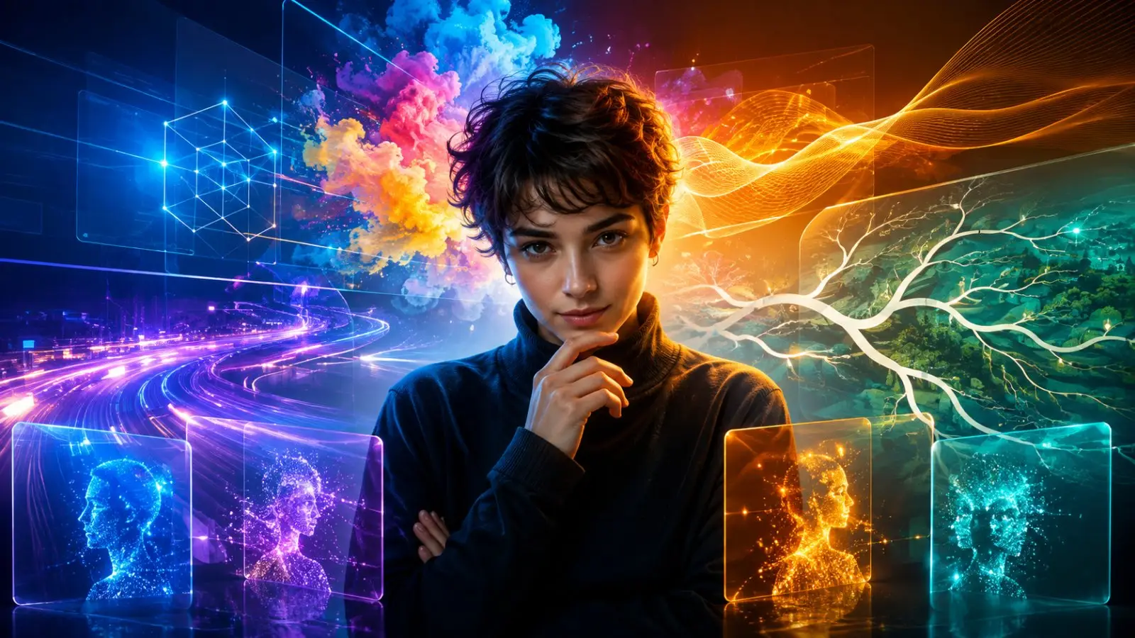 Portada del test de personalidad sobre prompts, con una persona pensativa rodeada de rutas digitales, figuras holográficas y creatividad en expansión