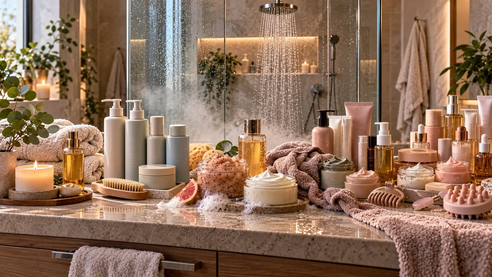Obложка del quiz sobre tu tipo de everything shower con productos de cuidado, velas, toallas, esponjas y una ducha con vapor al fondo
