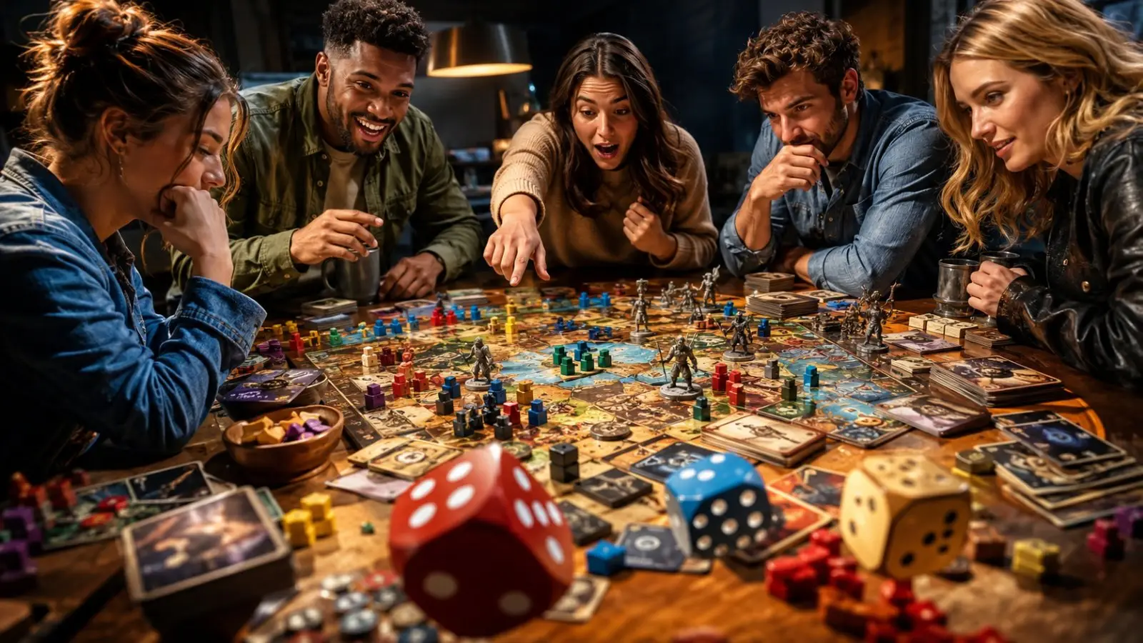 Portada del test de personalidad con un grupo de amigos jugando a un juego de mesa, rodeados de dados, cartas, fichas y miniaturas
