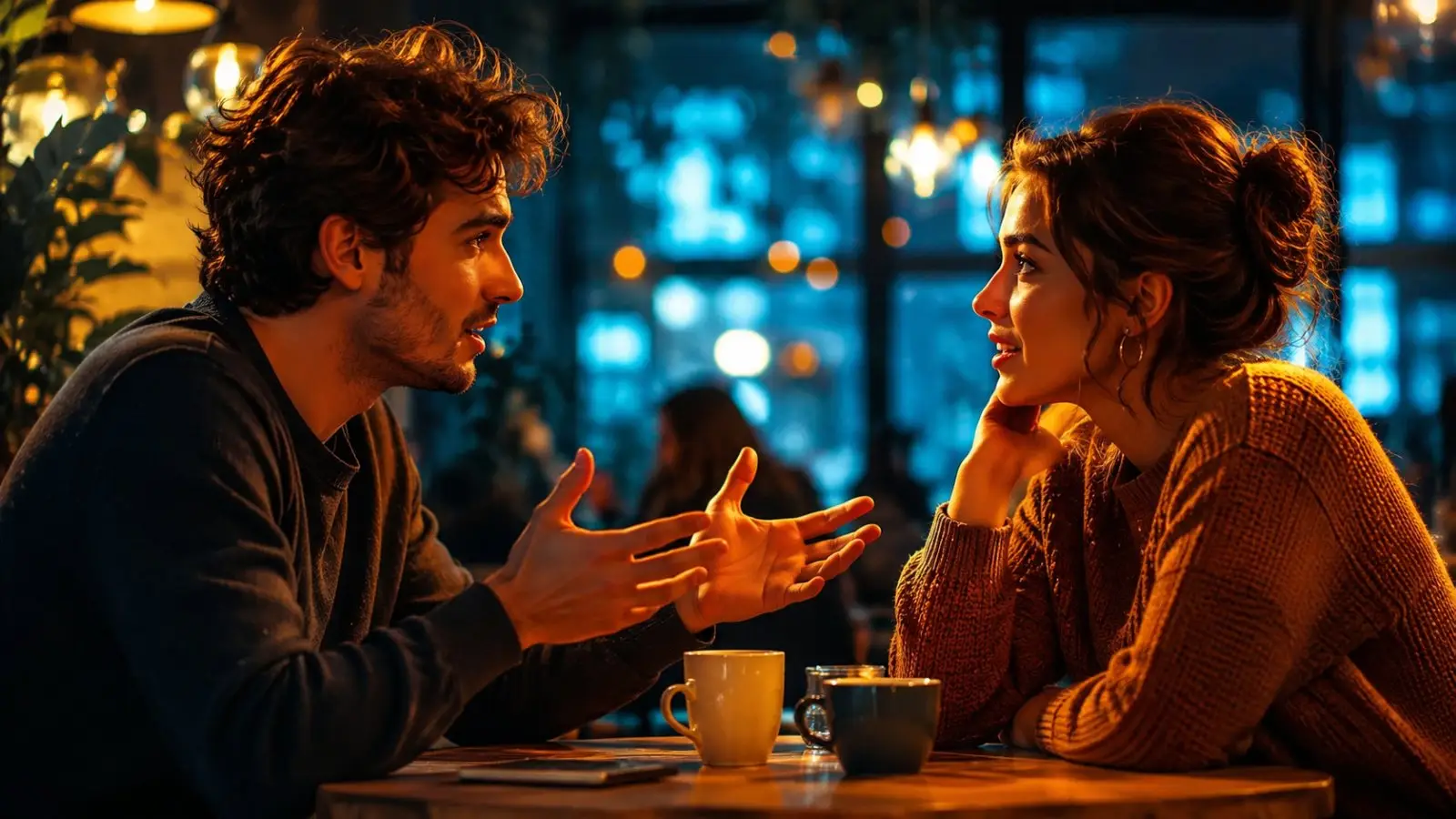 Portada del test sobre conversaciones íntimas con una pareja charlando frente a frente en una cafetería acogedora de noche